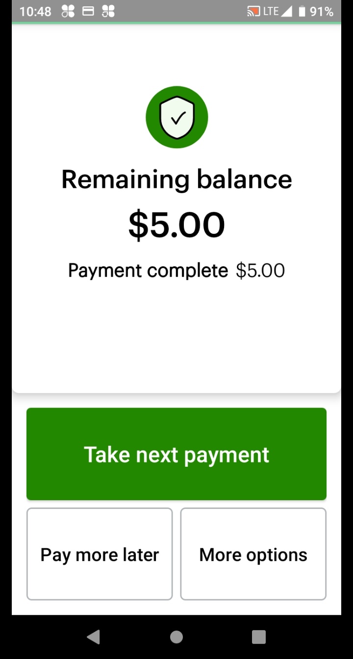 Remaining balance screen showing Take Next Payment button.